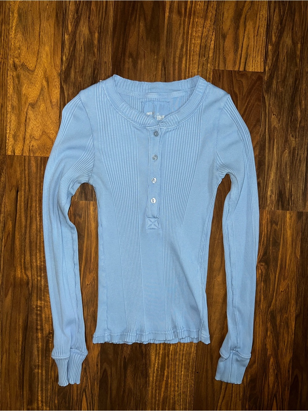 Light Blue Ribbed Henley Long-Sleeve Top